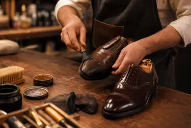 Um sapato social sendo reformado, mostrando as ferramentas e o processo de trabalho.