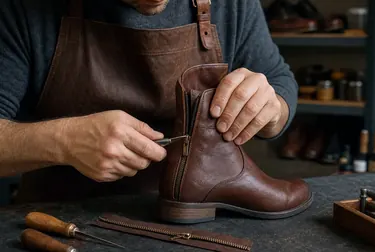 Um zíper de bota sendo consertado, com ferramentas de sapateiro ao fundo.