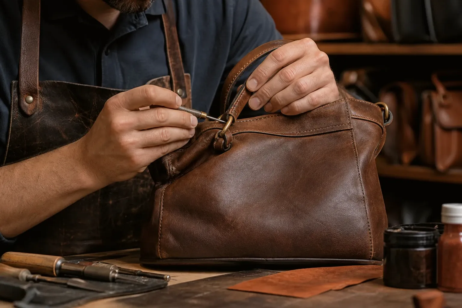 Uma bolsa de couro sendo reformada, mostrando o processo de trabalho e as ferramentas utilizadas.